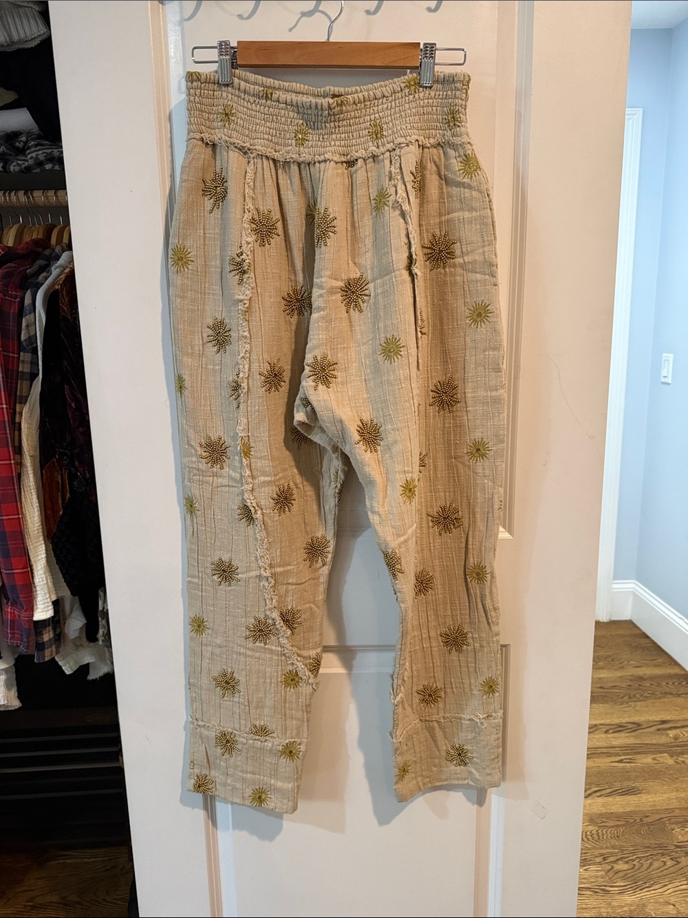 Free People Cream Embroidered Sunburst Harem Pants
